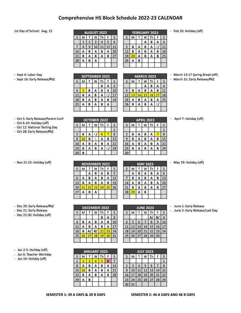 Comprehensive HS Block Schedule 2022-23 Calendar
